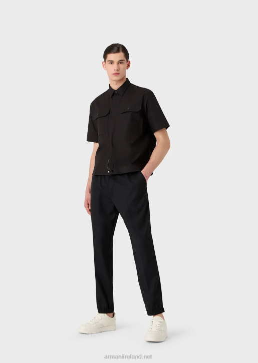 Men 086V1058 Pima Poplin Short-Sleeved Shirt With Pockets Armani Black