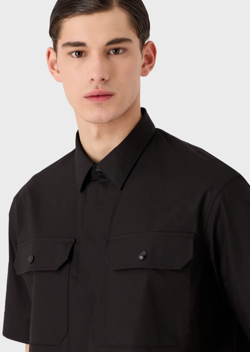 Men 086V1058 Pima Poplin Short-Sleeved Shirt With Pockets Armani Black