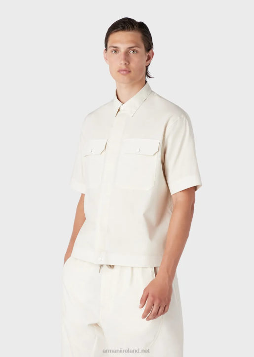 Men 086V1059 Pima Poplin Short-Sleeved Shirt With Pockets Armani Beige
