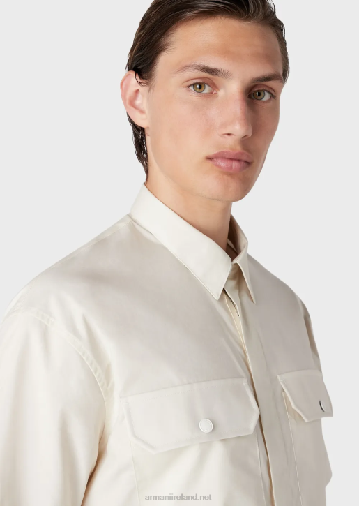 Men 086V1059 Pima Poplin Short-Sleeved Shirt With Pockets Armani Beige