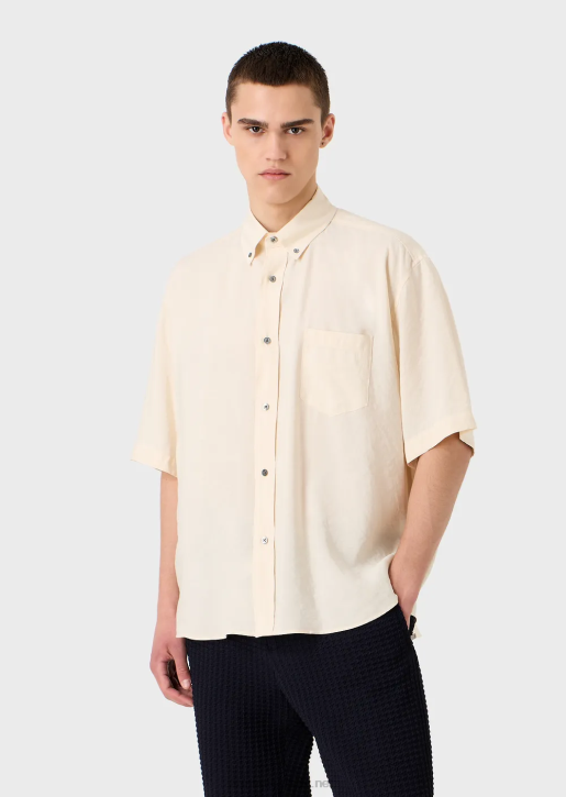 Men 086V1061 Short-Sleeved Button-Down Shirt In Peachskin Modal Armani White