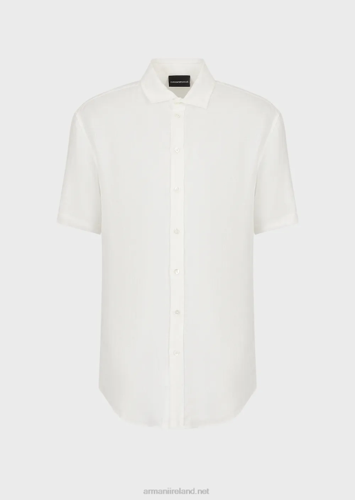Men 086V1064 Garment-Dyed Linen Short-Sleeved Shirt With French Collar Armani White