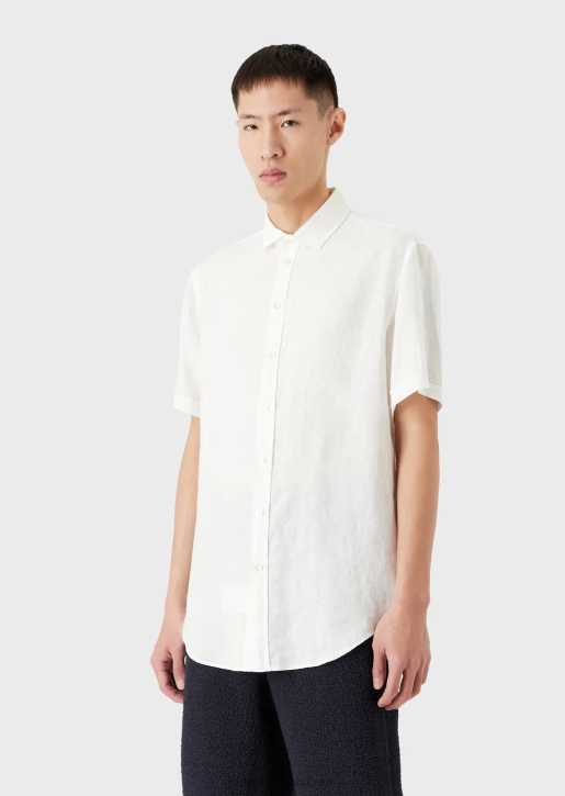 Men 086V1064 Garment-Dyed Linen Short-Sleeved Shirt With French Collar Armani White