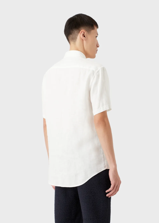 Men 086V1064 Garment-Dyed Linen Short-Sleeved Shirt With French Collar Armani White