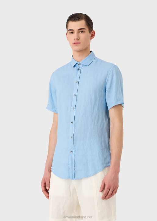 Men 086V1065 Garment-Dyed Linen Short-Sleeved Shirt With French Collar Armani Azure
