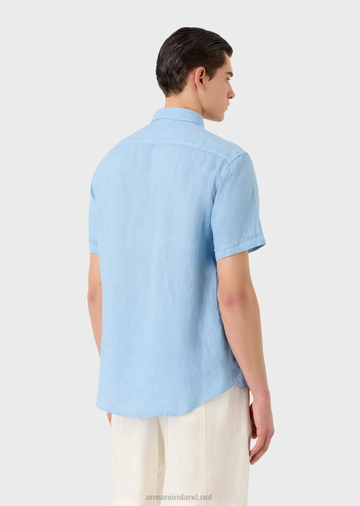Men 086V1065 Garment-Dyed Linen Short-Sleeved Shirt With French Collar Armani Azure