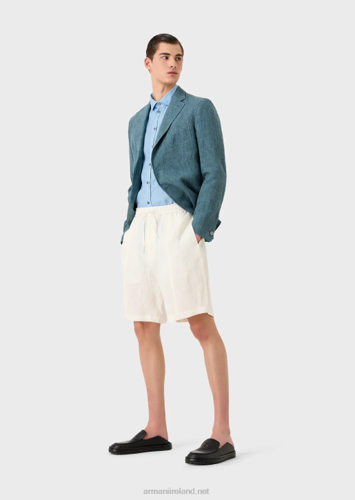 Men 086V1065 Garment-Dyed Linen Short-Sleeved Shirt With French Collar Armani Azure