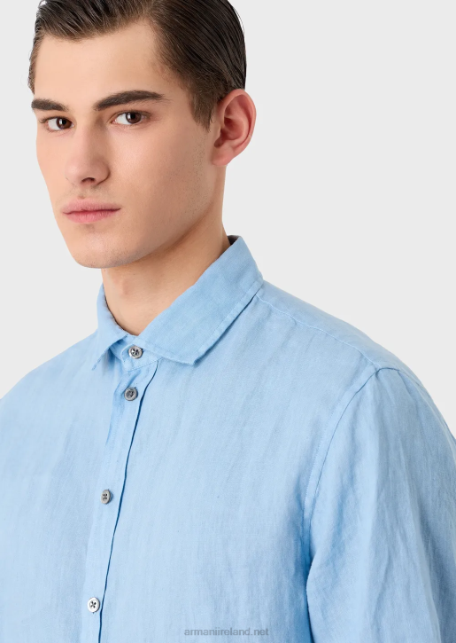 Men 086V1065 Garment-Dyed Linen Short-Sleeved Shirt With French Collar Armani Azure