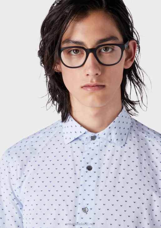 Men 086V1070 Fil Coupe Cotton Shirt With Jacquard Micro Eagle Armani Azure