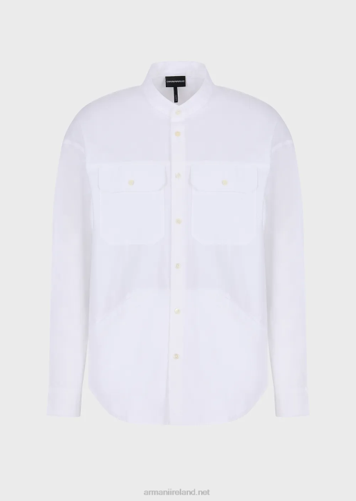 Men 086V1074 Pima Poplin Guru-Collar Shirt With Pockets Armani White