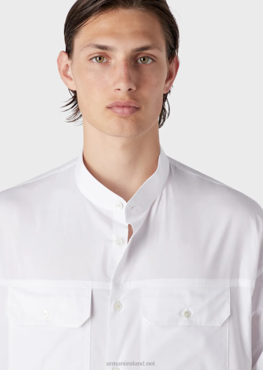 Men 086V1074 Pima Poplin Guru-Collar Shirt With Pockets Armani White