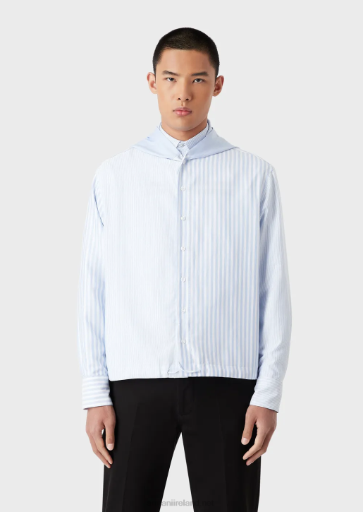 Men 086V1075 Striped Oxford Cotton Hooded Shirt Armani