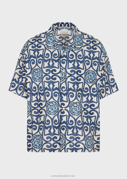 Men 086V1076 Sustainable Collection Organic-Muslin Short-Sleeved Shirt With All-Over Print Armani Pattern