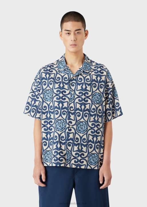 Men 086V1076 Sustainable Collection Organic-Muslin Short-Sleeved Shirt With All-Over Print Armani Pattern