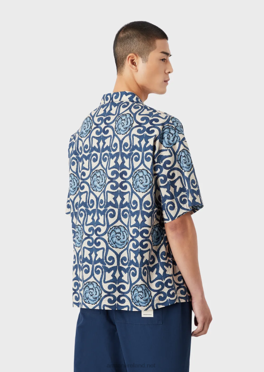 Men 086V1076 Sustainable Collection Organic-Muslin Short-Sleeved Shirt With All-Over Print Armani Pattern