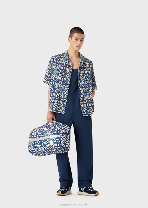 Men 086V1076 Sustainable Collection Organic-Muslin Short-Sleeved Shirt With All-Over Print Armani Pattern