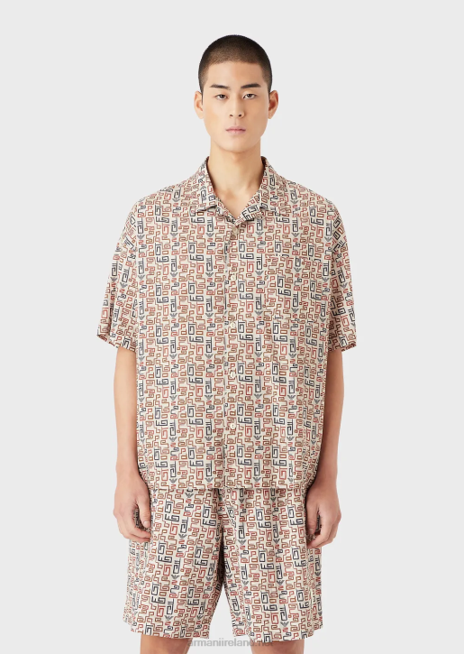 Men 086V1077 Sustainable Collection Organic-Muslin Short-Sleeved Shirt With All-Over Print Armani Beige