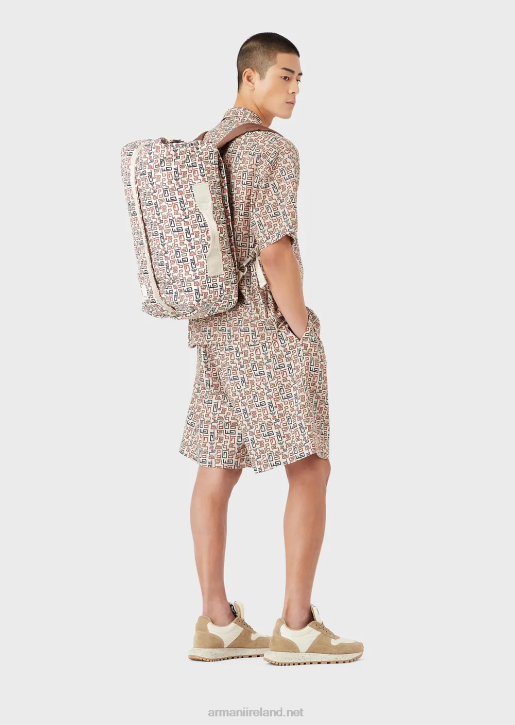 Men 086V1077 Sustainable Collection Organic-Muslin Short-Sleeved Shirt With All-Over Print Armani Beige