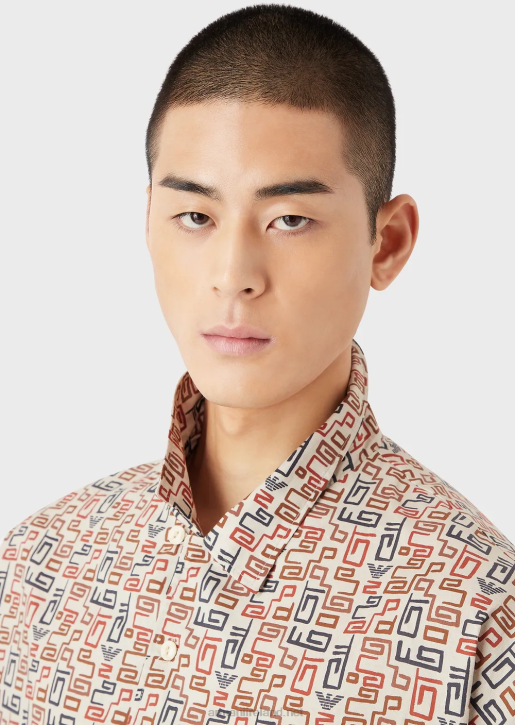 Men 086V1077 Sustainable Collection Organic-Muslin Short-Sleeved Shirt With All-Over Print Armani Beige