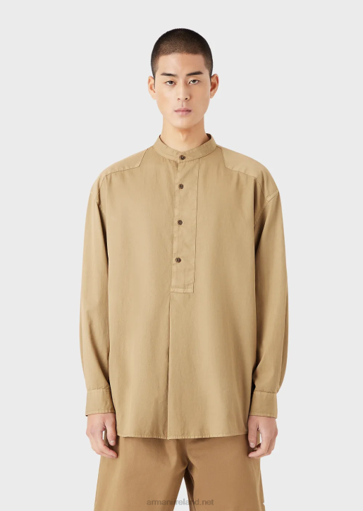 Men 086V1078 Sustainable Collection Garment-Dyed, Organic-Muslin Shirt With A Guru Collar Armani Brown