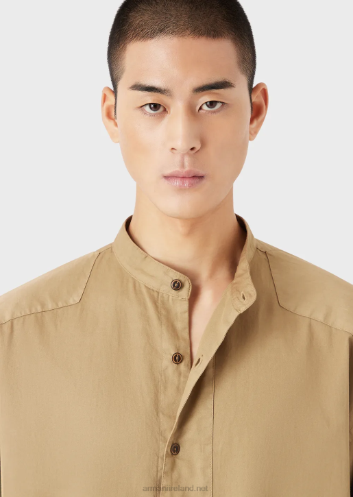 Men 086V1078 Sustainable Collection Garment-Dyed, Organic-Muslin Shirt With A Guru Collar Armani Brown