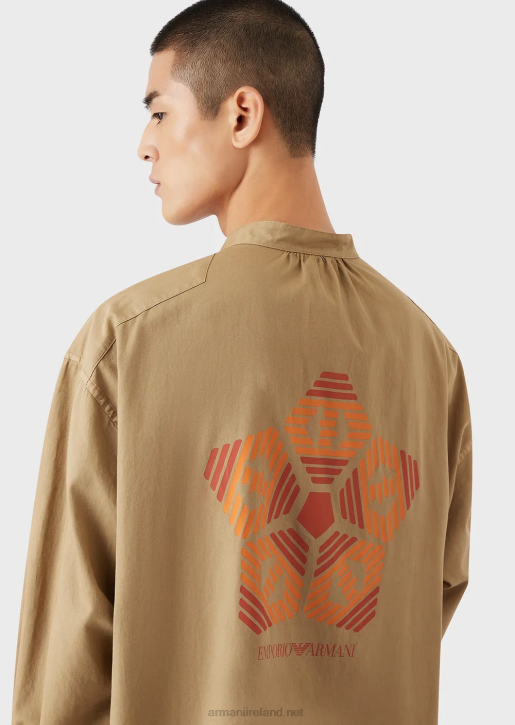 Men 086V1078 Sustainable Collection Garment-Dyed, Organic-Muslin Shirt With A Guru Collar Armani Brown