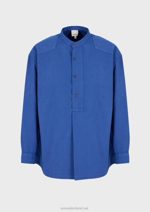 Men 086V1079 Sustainable Collection Garment-Dyed, Organic-Muslin Shirt With A Guru Collar Armani Blue