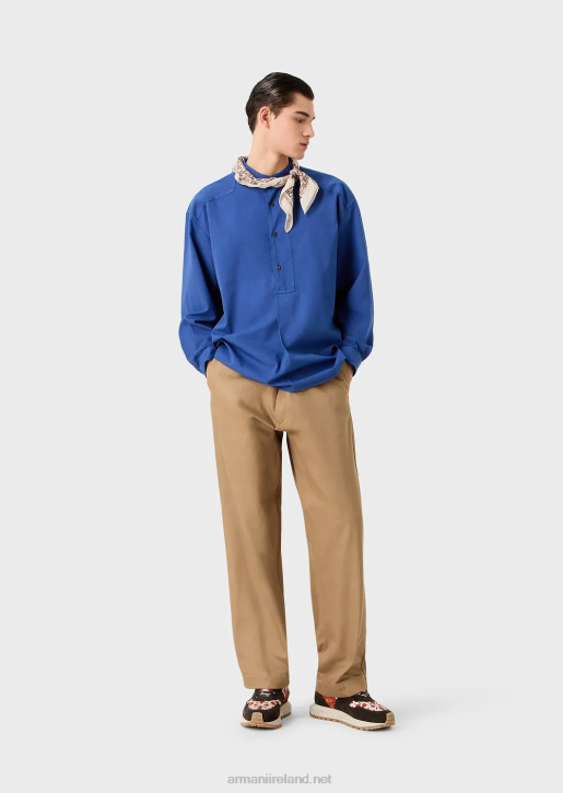 Men 086V1079 Sustainable Collection Garment-Dyed, Organic-Muslin Shirt With A Guru Collar Armani Blue