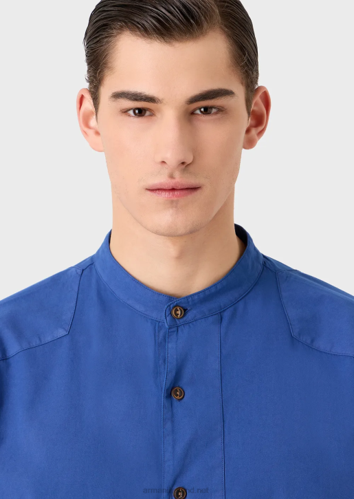 Men 086V1079 Sustainable Collection Garment-Dyed, Organic-Muslin Shirt With A Guru Collar Armani Blue