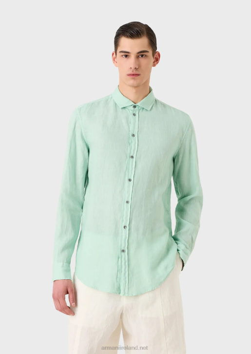 Men 086V1080 Garment-Dyed Linen Shirt With French Collar Armani Water