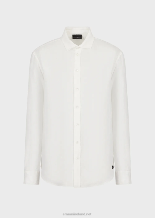 Men 086V1081 Garment-Dyed Linen Shirt With French Collar Armani White