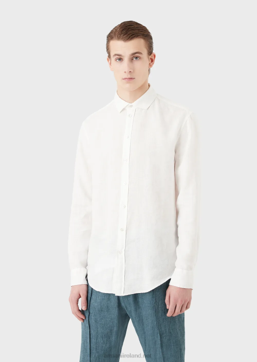Men 086V1081 Garment-Dyed Linen Shirt With French Collar Armani White