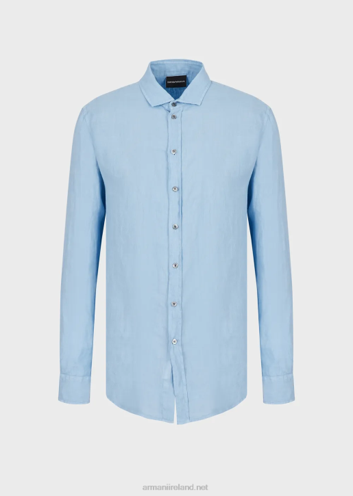 Men 086V1082 Garment-Dyed Linen Shirt With French Collar Armani Azure