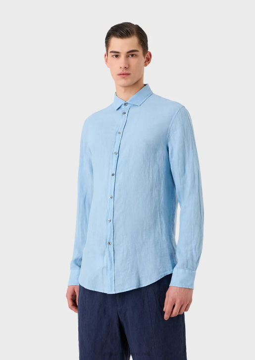 Men 086V1082 Garment-Dyed Linen Shirt With French Collar Armani Azure