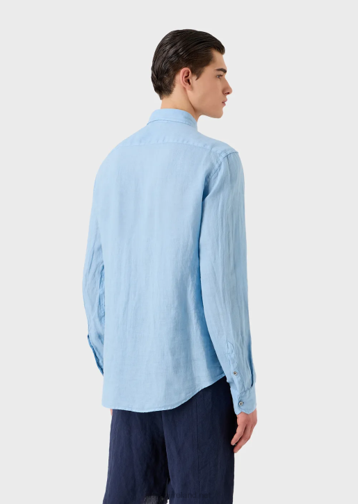 Men 086V1082 Garment-Dyed Linen Shirt With French Collar Armani Azure