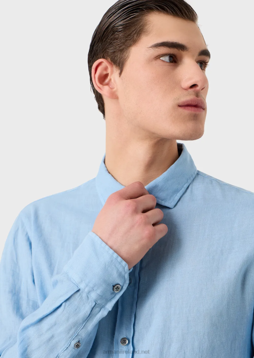 Men 086V1082 Garment-Dyed Linen Shirt With French Collar Armani Azure