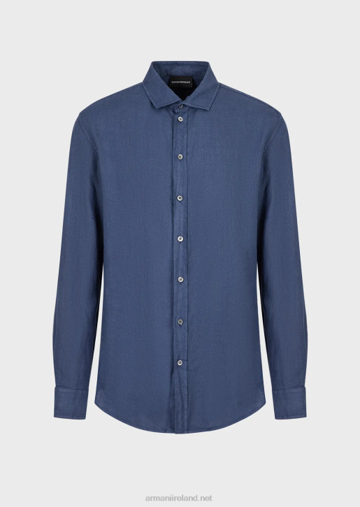 Men 086V1083 Garment-Dyed Linen Shirt With French Collar Armani Blue