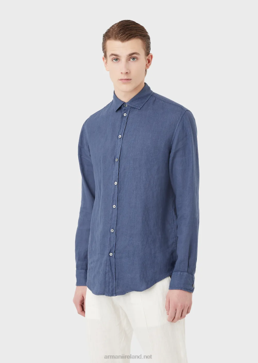 Men 086V1083 Garment-Dyed Linen Shirt With French Collar Armani Blue