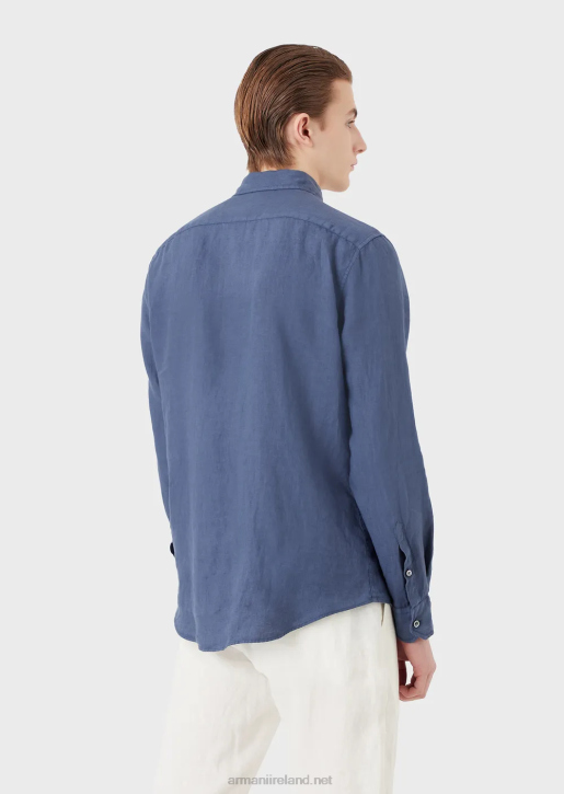 Men 086V1083 Garment-Dyed Linen Shirt With French Collar Armani Blue