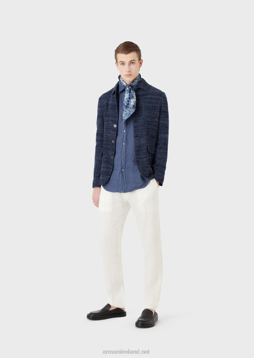 Men 086V1083 Garment-Dyed Linen Shirt With French Collar Armani Blue