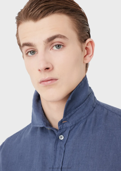 Men 086V1083 Garment-Dyed Linen Shirt With French Collar Armani Blue