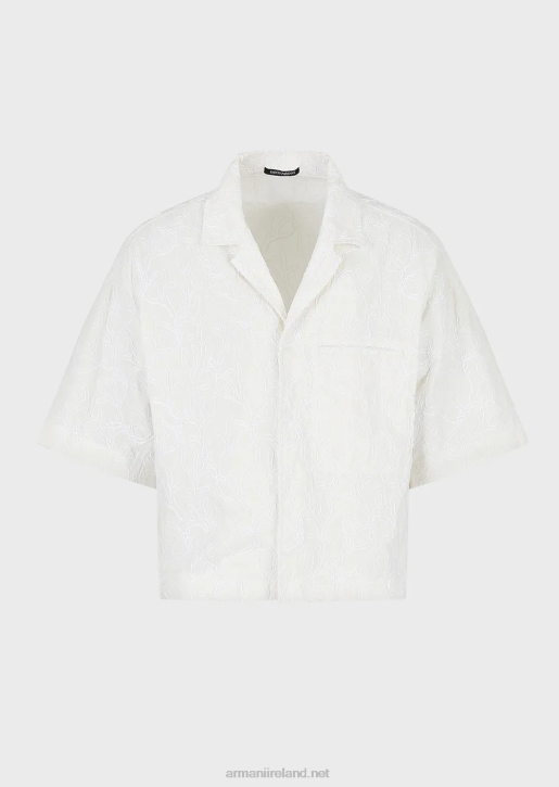 Men 086V1084 Short-Sleeved Blouson In Raffia-Embroidered Ripstop Nylon Armani White