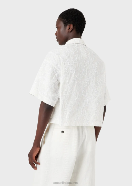 Men 086V1084 Short-Sleeved Blouson In Raffia-Embroidered Ripstop Nylon Armani White