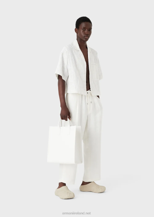 Men 086V1084 Short-Sleeved Blouson In Raffia-Embroidered Ripstop Nylon Armani White