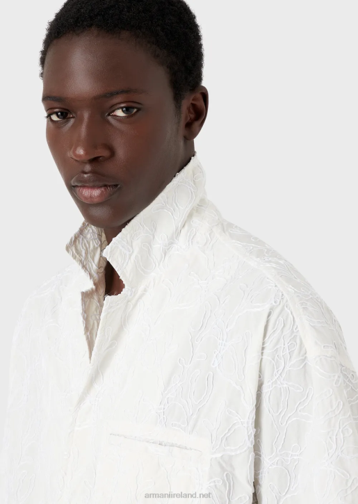 Men 086V1084 Short-Sleeved Blouson In Raffia-Embroidered Ripstop Nylon Armani White