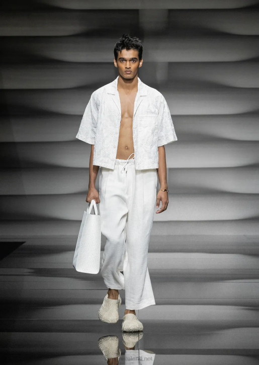 Men 086V1084 Short-Sleeved Blouson In Raffia-Embroidered Ripstop Nylon Armani White