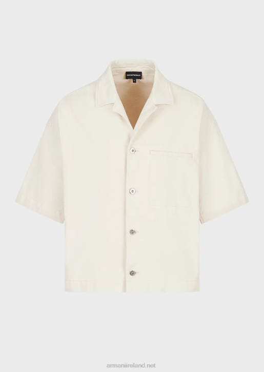 Men 086V1085 Short-Sleeved Denim Blouson With L'Amour Embroidery Armani Milky White