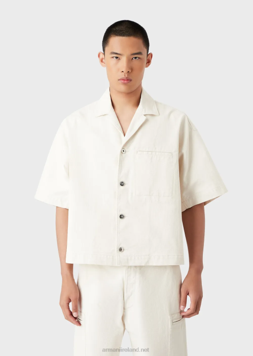 Men 086V1085 Short-Sleeved Denim Blouson With L'Amour Embroidery Armani Milky White