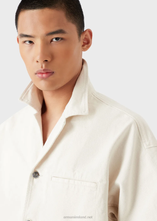 Men 086V1085 Short-Sleeved Denim Blouson With L'Amour Embroidery Armani Milky White