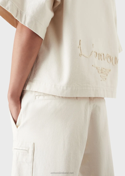 Men 086V1085 Short-Sleeved Denim Blouson With L'Amour Embroidery Armani Milky White